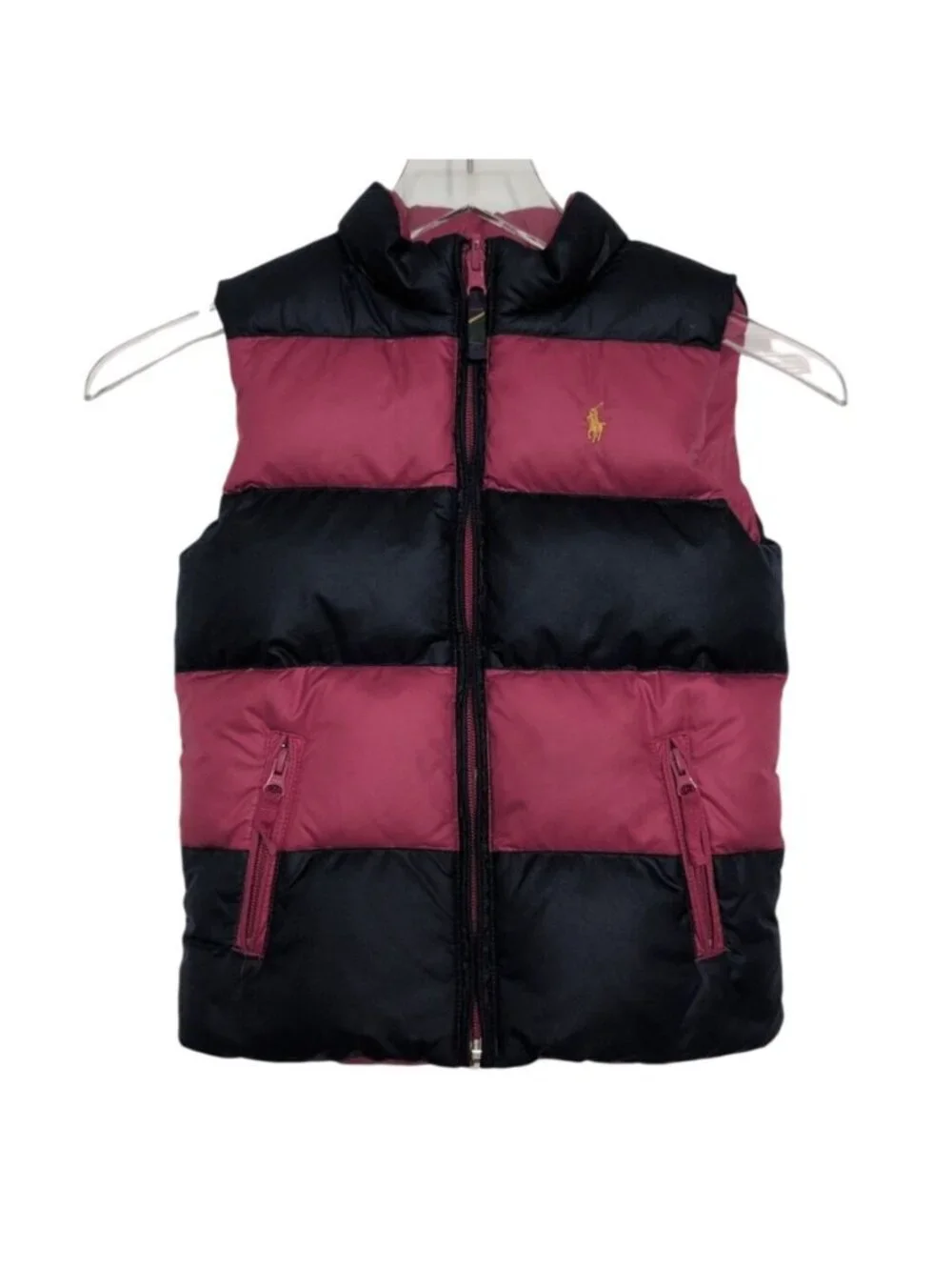 Ralph Lauren Stripe Down Puffer Vest Girls Size 6X Pink Blue Crest Reversible